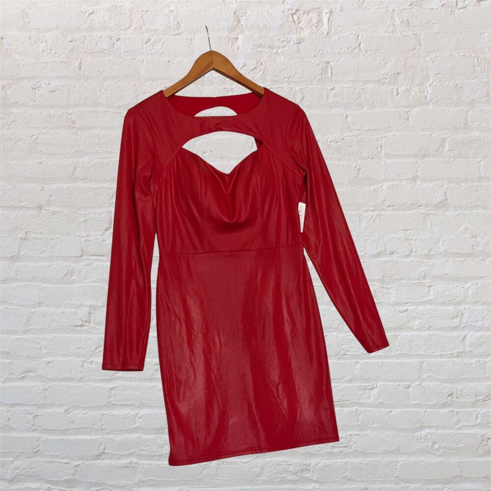 Midnight Doll Red Faux Leather Cutout Bodycon Mini Dress Long Sleeve‎ M NWT